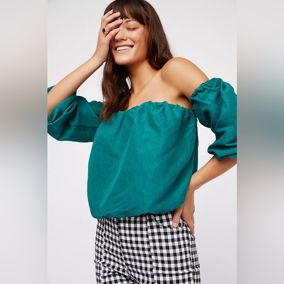 Free People Top Women’s Small In The Limelight Linen Blue Off-Shoulder Crop - Picture 6 of 10